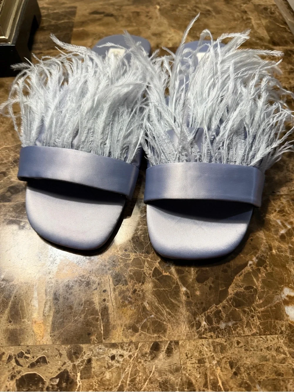 Zara Feather-Trim Satin Slides in Pale Lilac - Picture 4 of 9
